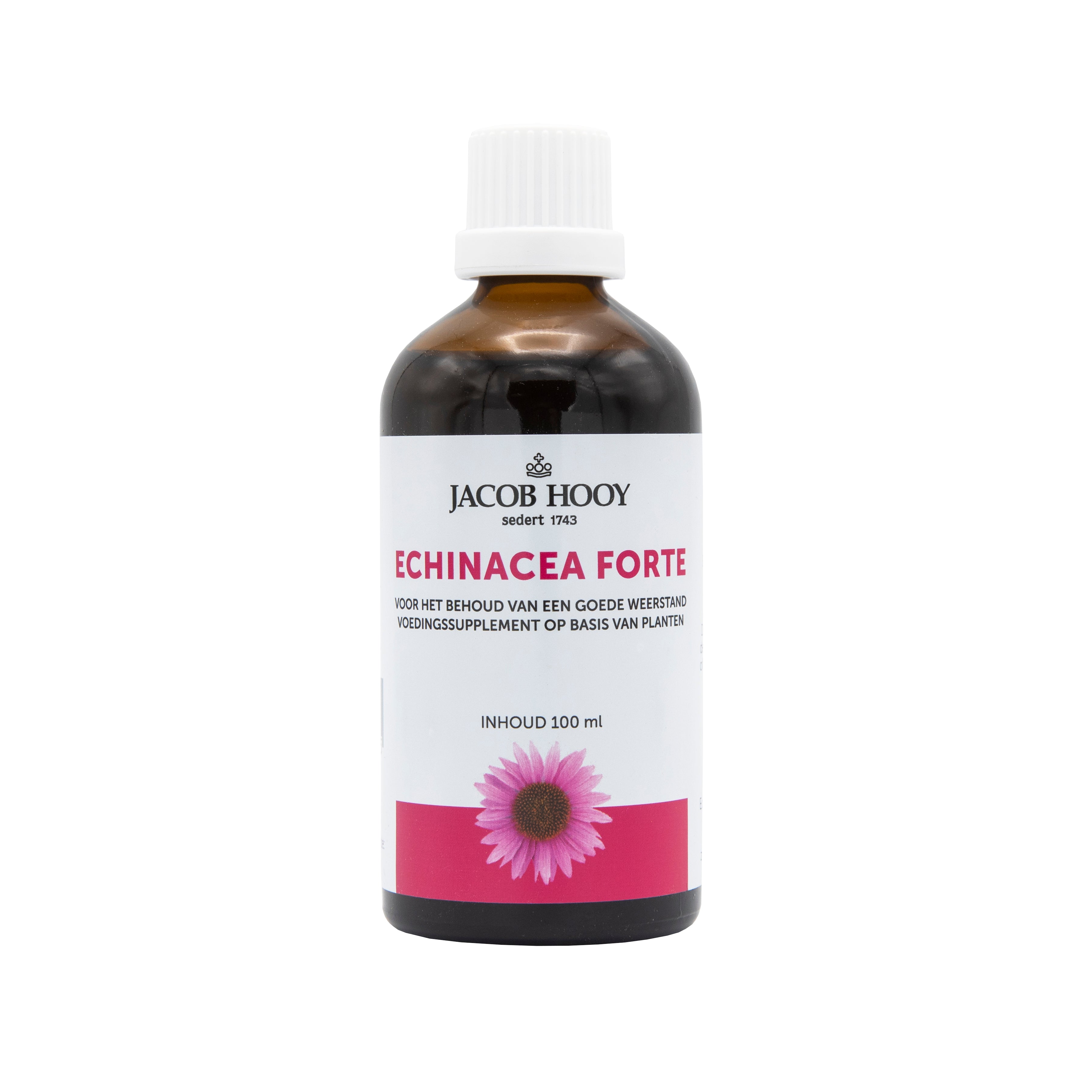 Jacob Hooy Echinacea Forte herbal preparation in a 100ml bottle, part of Jacob Hooy's herbal supplement collection.