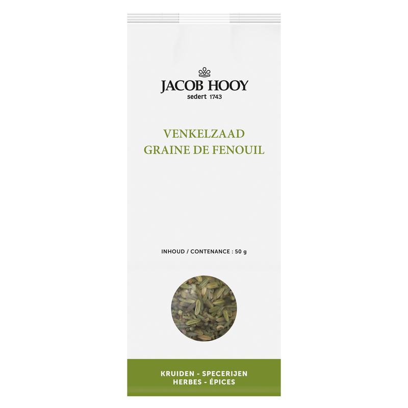 Jacob Hooy venkelzaad in a 50g package, showcasing fresh fennel seeds for culinary use.