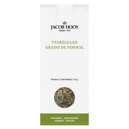 Jacob Hooy venkelzaad in a 50g package, showcasing fresh fennel seeds for culinary use.