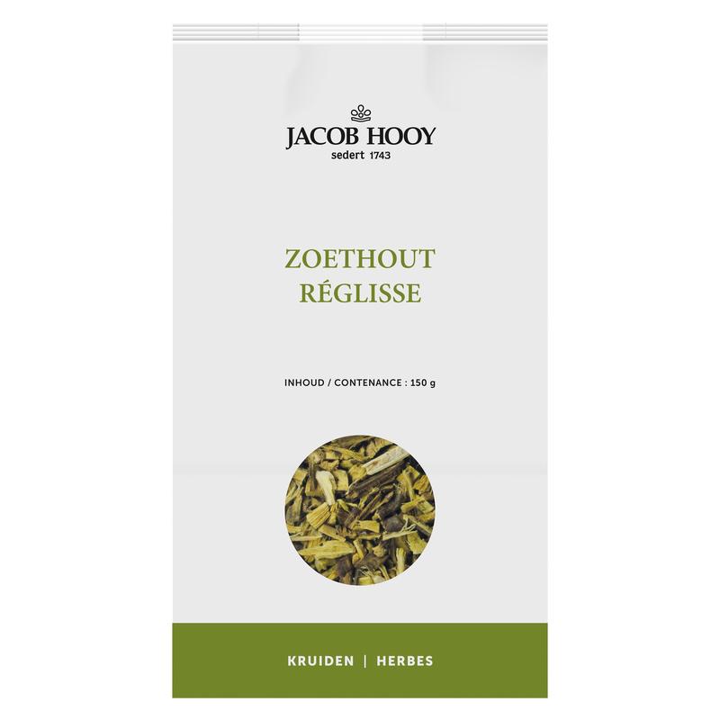 Sliced licorice root from Jacob Hooy in a 150g package, used as a herbal spice for cooking and herbal remedies.