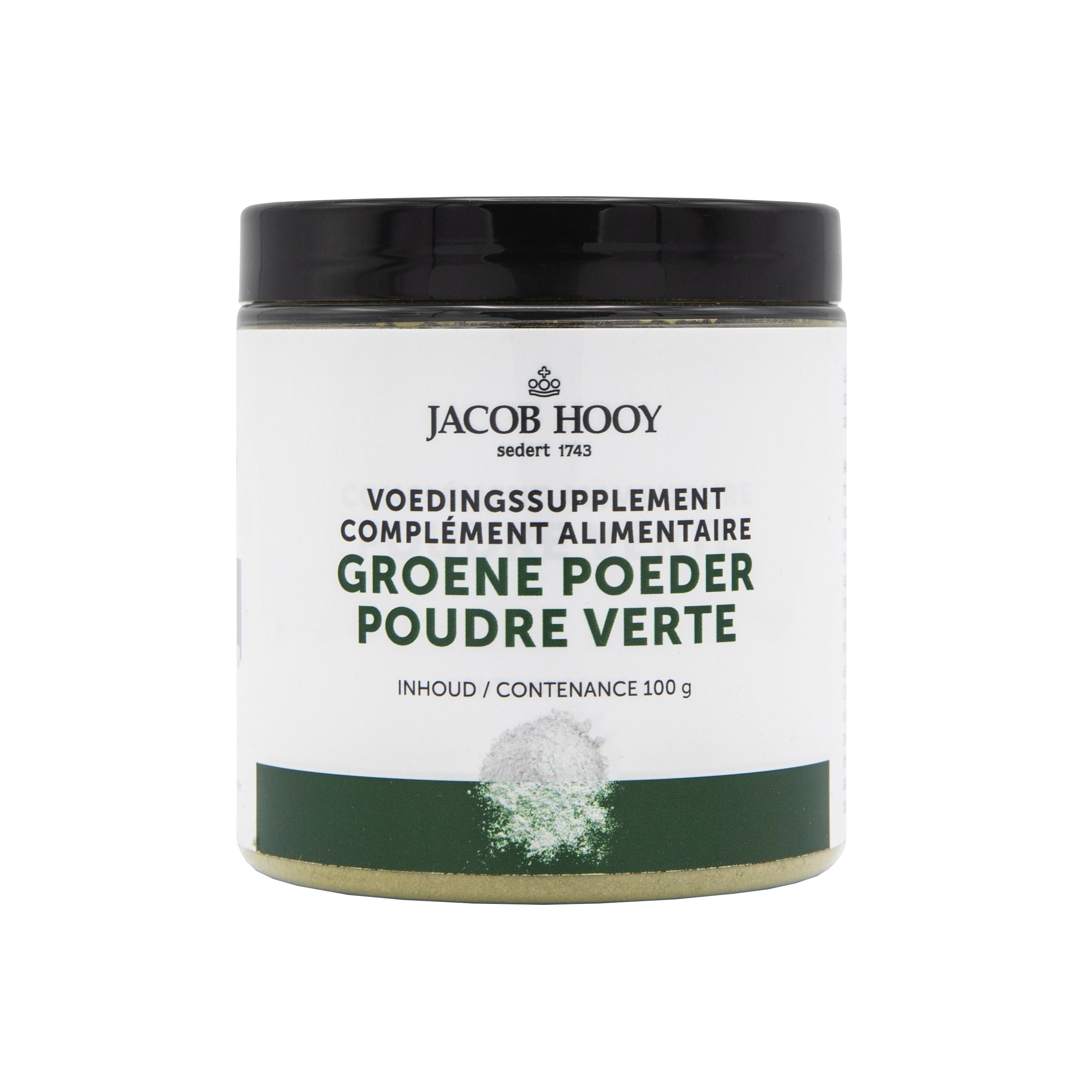 Jacob Hooy green powder in a 100g jar, herbal supplement from the Kruidenpreparaten line, shown in a clear container.