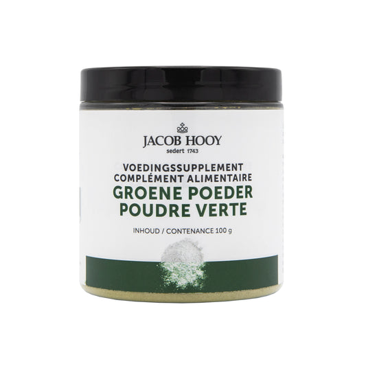 Jacob Hooy green powder in a 100g jar, herbal supplement from the Kruidenpreparaten line, shown in a clear container.