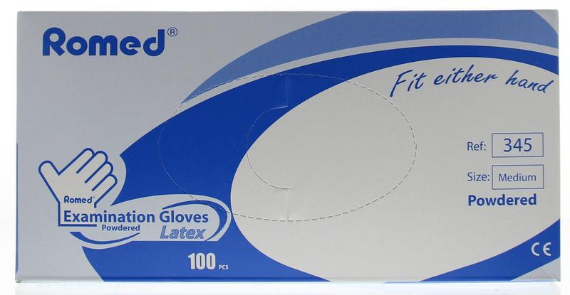 Romed latex non-sterile powdered medical gloves in size M, shown in a box with 100 gloves for healthcare use.