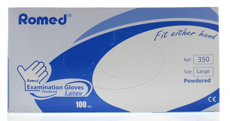 Romed latex non-sterile powdered medical gloves, size large, pack of 100, protective handwear for medical use