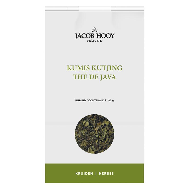 Jacob Hooy Kumis Kutjing herbal mixture in an 80g package, part of kruiden, zouten en maaltijdmixen collection.