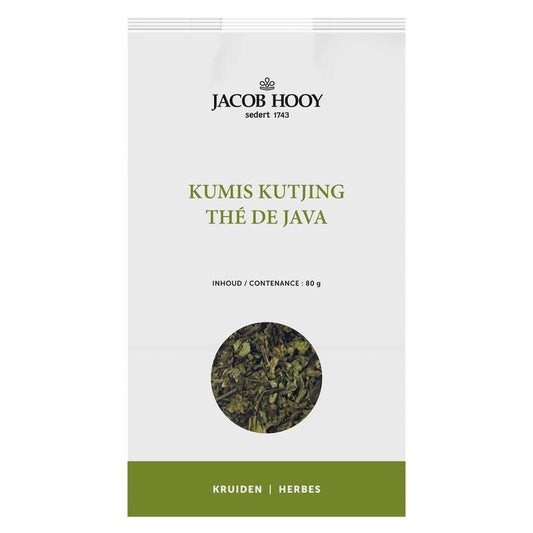 Jacob Hooy Kumis Kutjing herbal mixture in an 80g package, part of kruiden, zouten en maaltijdmixen collection.
