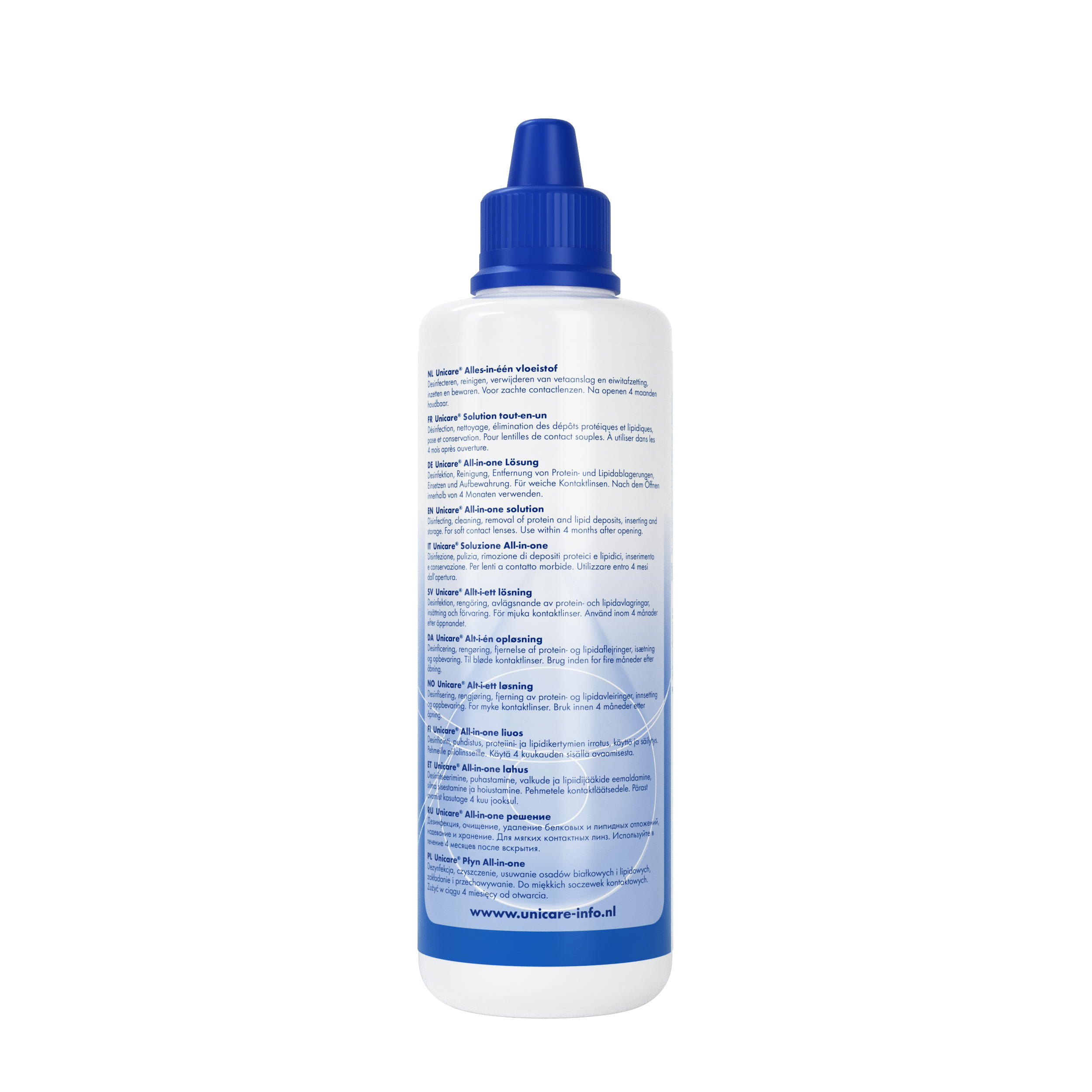 Unicare AIO lenzenvloeistof voor zachte lenzen, 250 ml, optiek product with bottle and label in the image