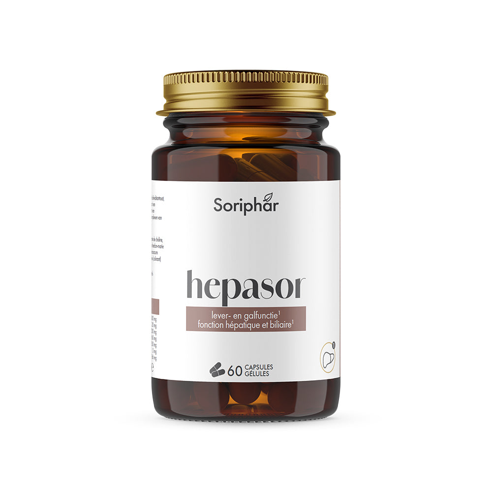 Soriphar HEPASOR 60 capsules, dietary supplement with herbal ingredients, in a clear plastic bottle with a label.