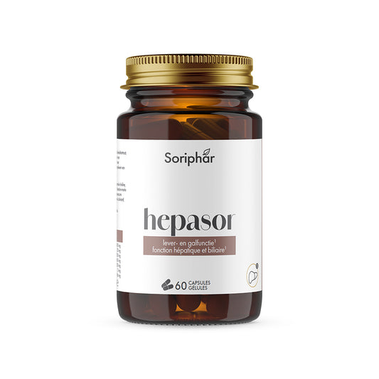 Soriphar HEPASOR 60 capsules, dietary supplement with herbal ingredients, in a clear plastic bottle with a label.