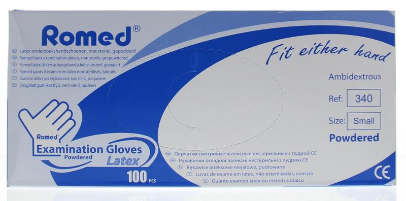 Romed latex non-sterile powdered medical gloves in size S, pack of 100, designed for healthcare protection and hygiene.