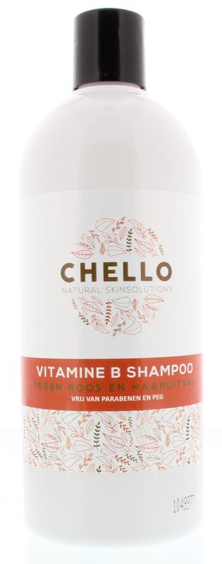 Chello Vitamin B shampoo bottle for hair care, 500ml, with a white and blue label, shown on a plain background.