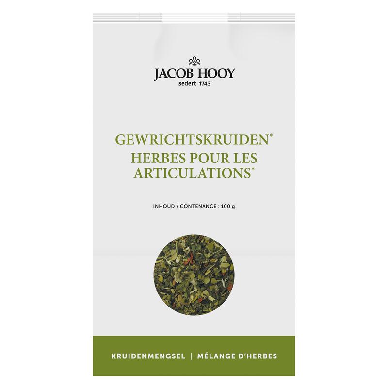 Jacob Hooy Gewrichtskruiden 100g jar with herbal mixture for joint health, in a clear glass container with a metal lid.