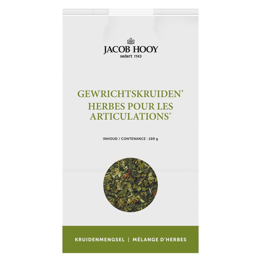 Jacob Hooy Gewrichtskruiden 100g jar with herbal mixture for joint health, in a clear glass container with a metal lid.