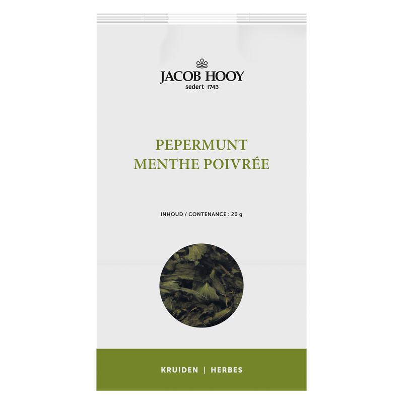Jacob Hooy Pepermuntblad herbal remedy in a 20g package, featuring fresh peppermint leaves for soothing herbal use.