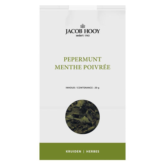 Jacob Hooy Pepermuntblad herbal remedy in a 20g package, featuring fresh peppermint leaves for soothing herbal use.