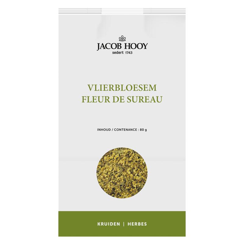 Jacob Hooy Vlierbloesem herbal mix in a clear jar, showing dried elderflower blossoms for tea or culinary use.