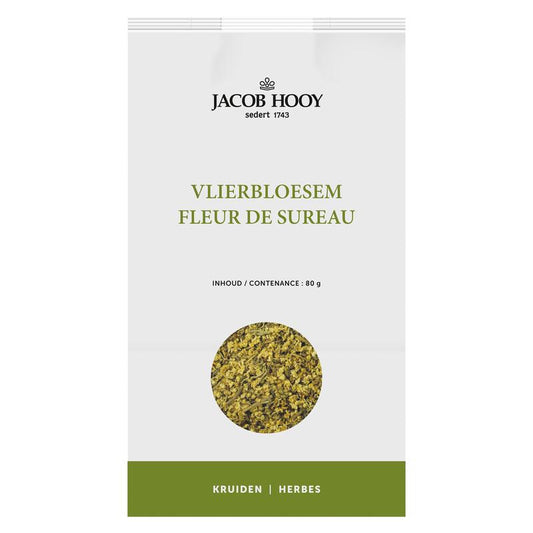 Jacob Hooy Vlierbloesem herbal mix in a clear jar, showing dried elderflower blossoms for tea or culinary use.