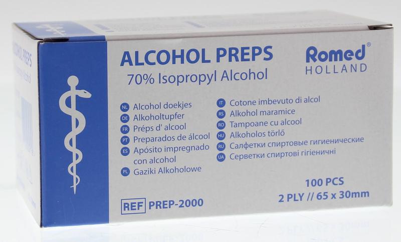 Romed Alcoholdoekjes, 100 disposable alcohol wipes for personal body care, shown in a package with individual wipes visible.