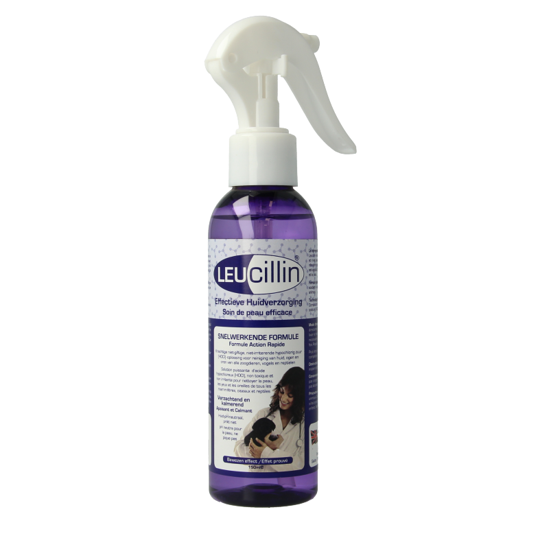Leucillin dog and pet disinfectant spray in a 150ml bottle, used for animal skincare and hygiene.