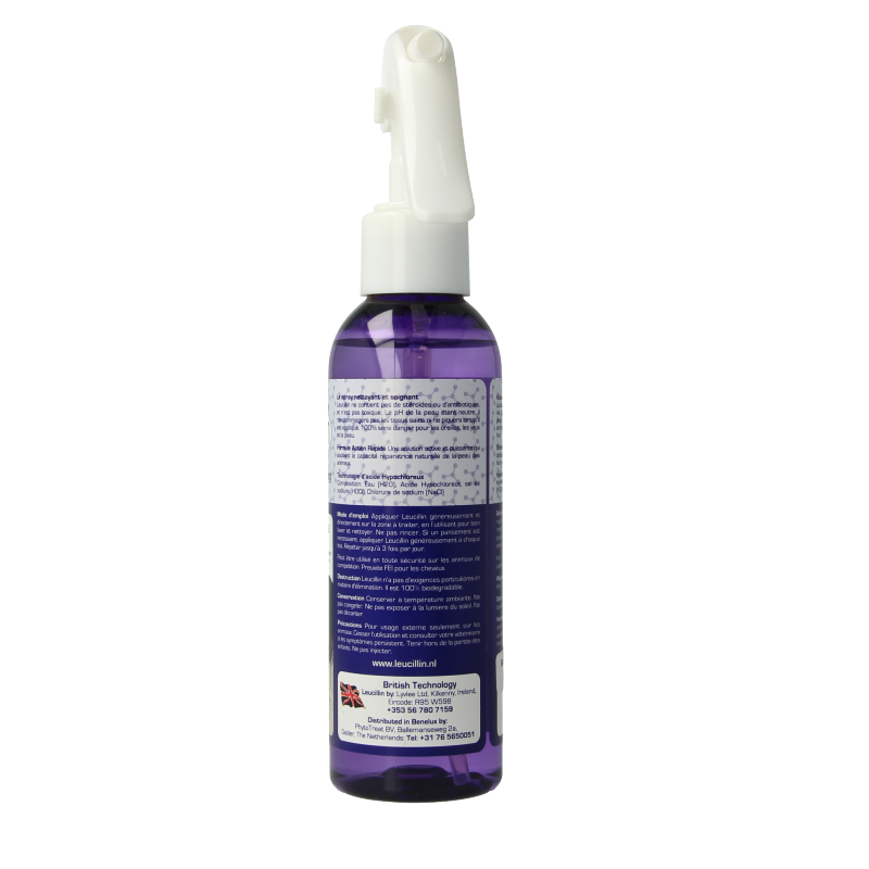 Leucillin Spray 150ml for pet care, featuring a clear bottle with a spray nozzle, used for animal skin and wound hygiene.