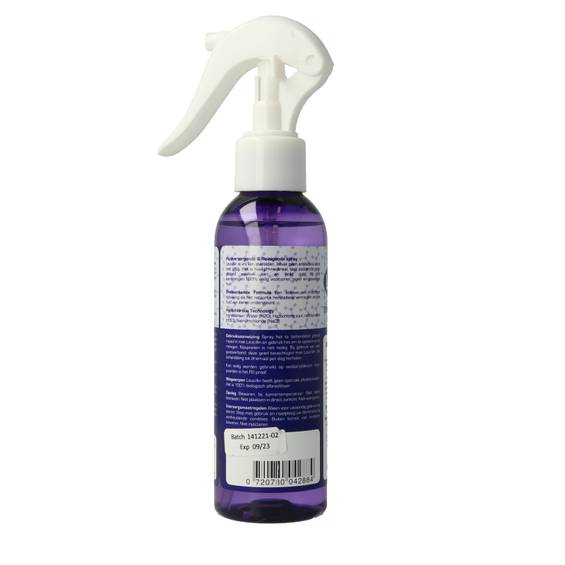 Leucillin Spray 150ml for pet care, featuring a white bottle with a spray nozzle and blue label, used for animal skin care.