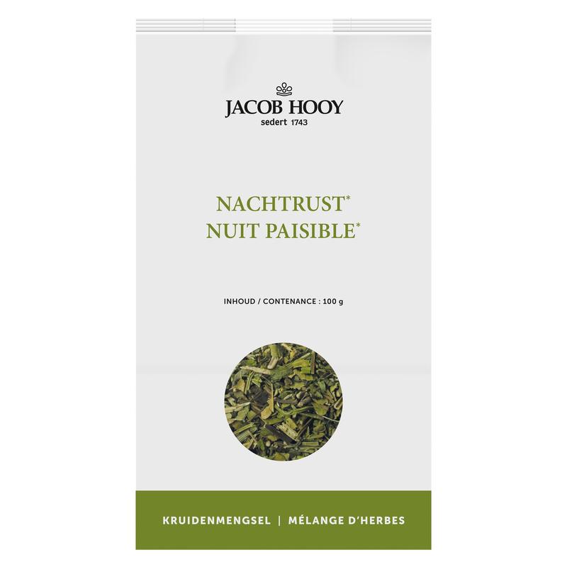 Jacob Hooy Nachtrustkruiden in a 100g package, herbal blend for better sleep, displayed in a clear container on a wooden surface.