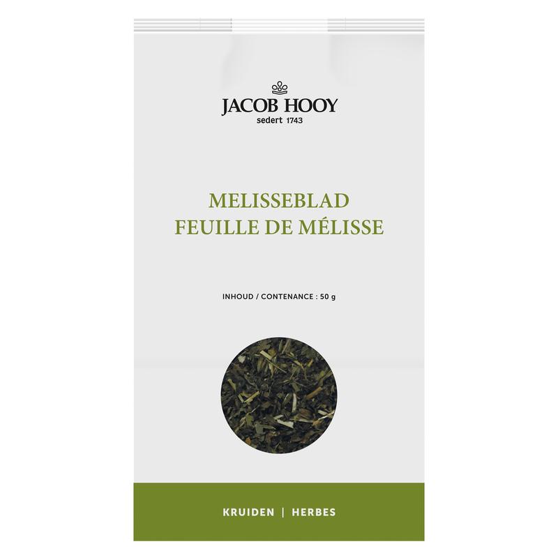 Fresh Jacob Hooy Melisseblad in 50 grams, natural herbal leaves for cooking and tea, from the Jacob Hooy kruiden, zouten en maaltijdmixen line.