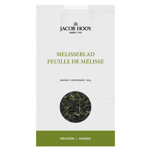 Fresh Jacob Hooy Melisseblad in 50 grams, natural herbal leaves for cooking and tea, from the Jacob Hooy kruiden, zouten en maaltijdmixen line.