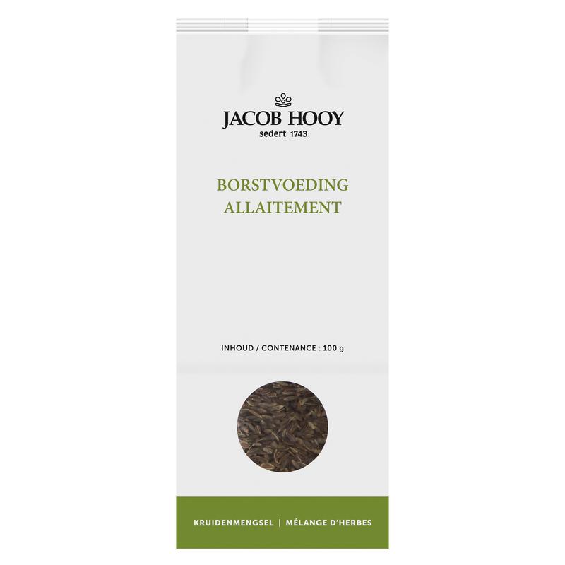 Jacob Hooy Borstvoedingskruiden in 100g package, natural herbal supplement for breastfeeding support, shown in the image.
