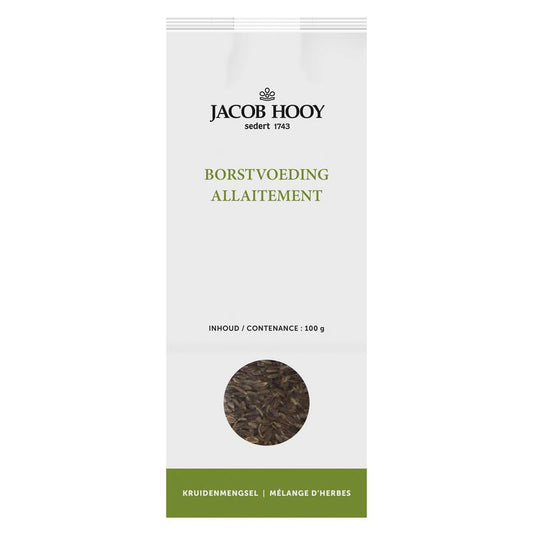 Jacob Hooy Borstvoedingskruiden in 100g package, natural herbal supplement for breastfeeding support, shown in the image.