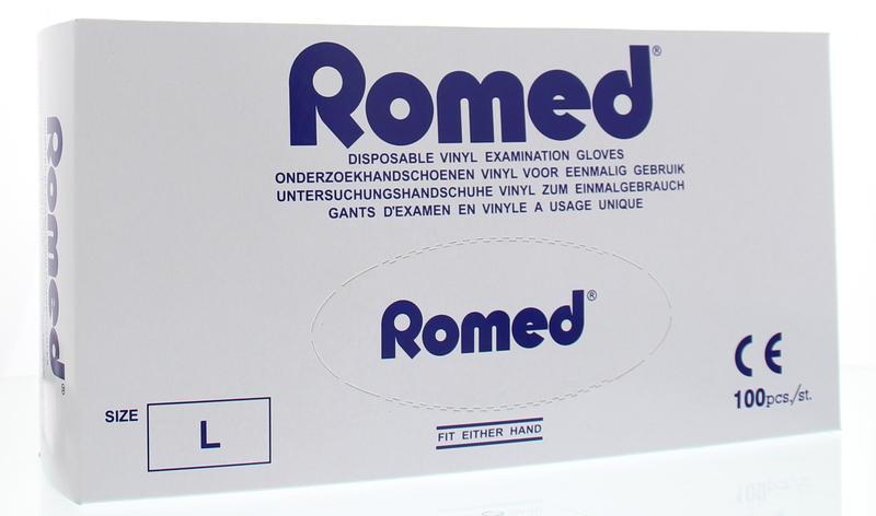 Romed vinyl non-sterile powder-free medical gloves in size L, stacked in a box, 100 pieces for protective medical use.
