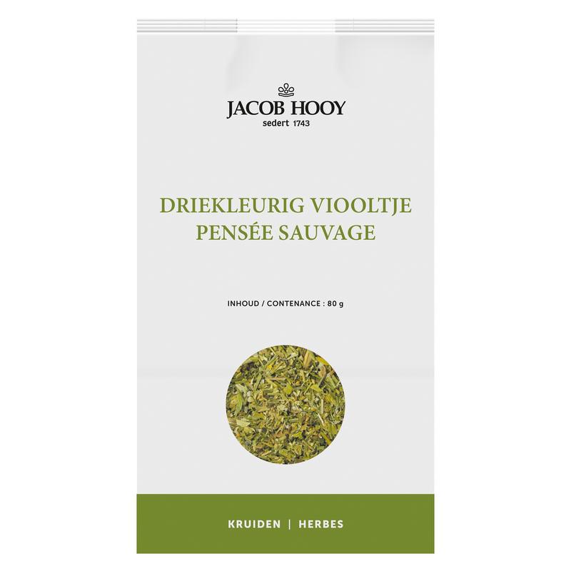 Jacob Hooy Driekleurig viooltje kruiden in 80g package, colorful edible flower mix for culinary use.