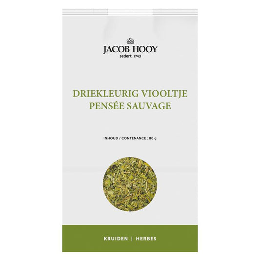 Jacob Hooy Driekleurig viooltje kruiden in 80g package, colorful edible flower mix for culinary use.