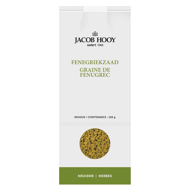 Jacob Hooy Fenegriekzaad in 150g package, a spice used in herbs, salts, and meal mixes, shown in a clear container.