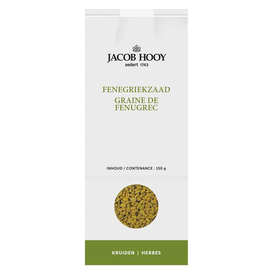 Jacob Hooy Fenegriekzaad in 150g package, a spice used in herbs, salts, and meal mixes, shown in a clear container.