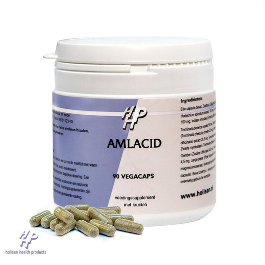 Holisan Amlacid vegetarian herbal capsules in a white bottle, showing the label and capsules inside.