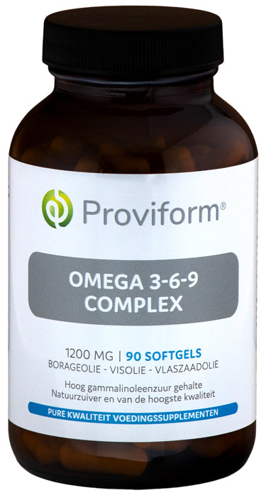 Proviform Omega 3-6-9 complex softgels in a bottle, showcasing 90 Vetzuren softgels for healthy fatty acids.