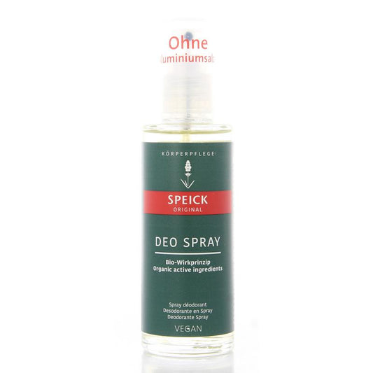 Speick deodorant spray 75ml bottle with white and green packaging, featuring natural ingredients and a sleek design.