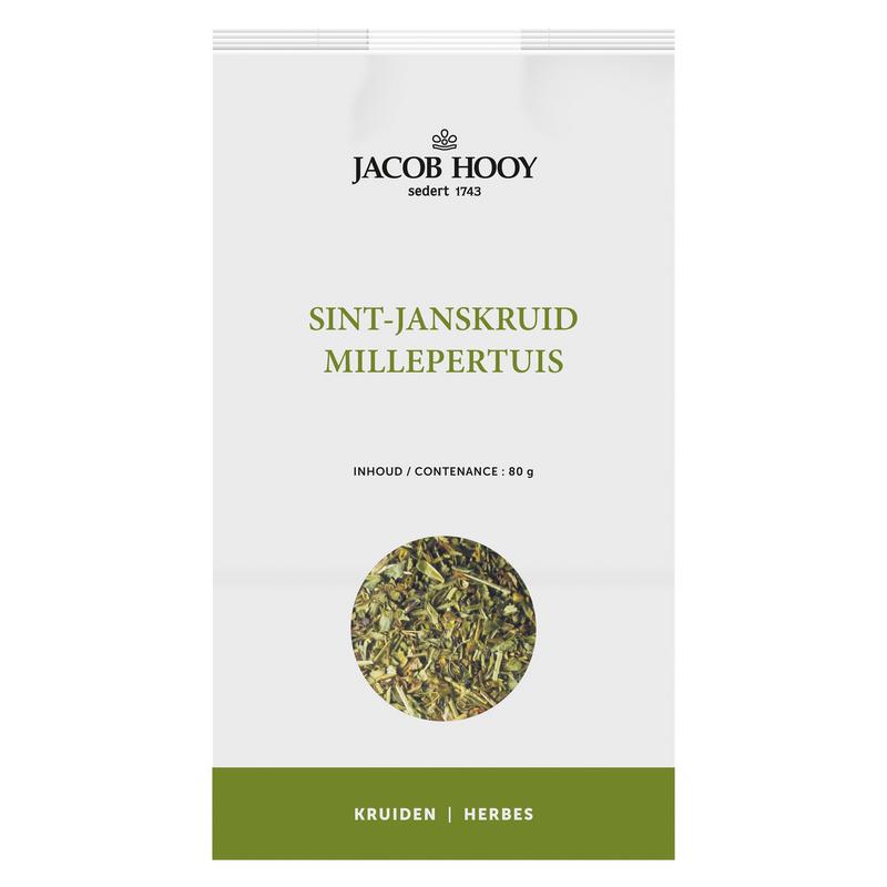 Jar of Jacob Hooy Sint Janskruid herbal supplement in 80g container, part of kruiden, zouten en maaltijdmixen collection.