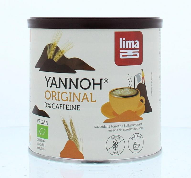 Lima Yannoh instant bio coffee in 125g package, natural coffee alternative, with a bag of brewed coffee and coffee beans.