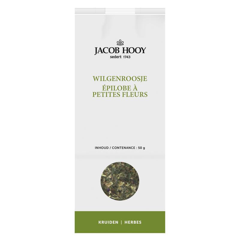 Jacob Hooy Wilgenroosje herbal mix in a 50g jar, featuring dried wild rose petals for herbal remedies or tea.