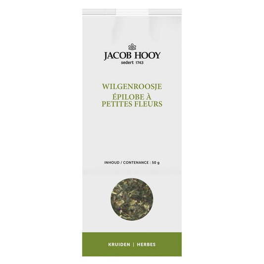 Jacob Hooy Wilgenroosje herbal mix in a 50g jar, featuring dried wild rose petals for herbal remedies or tea.