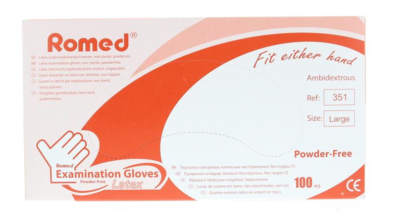 Romed latex disposable medical gloves non-sterile, powder-free, size L, 100 pieces, for protective medical use.