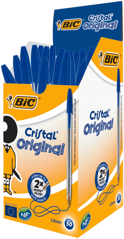 Set of 50 BIC Cristal blue ballpoint pens, office stationery, neatly arranged in a box.