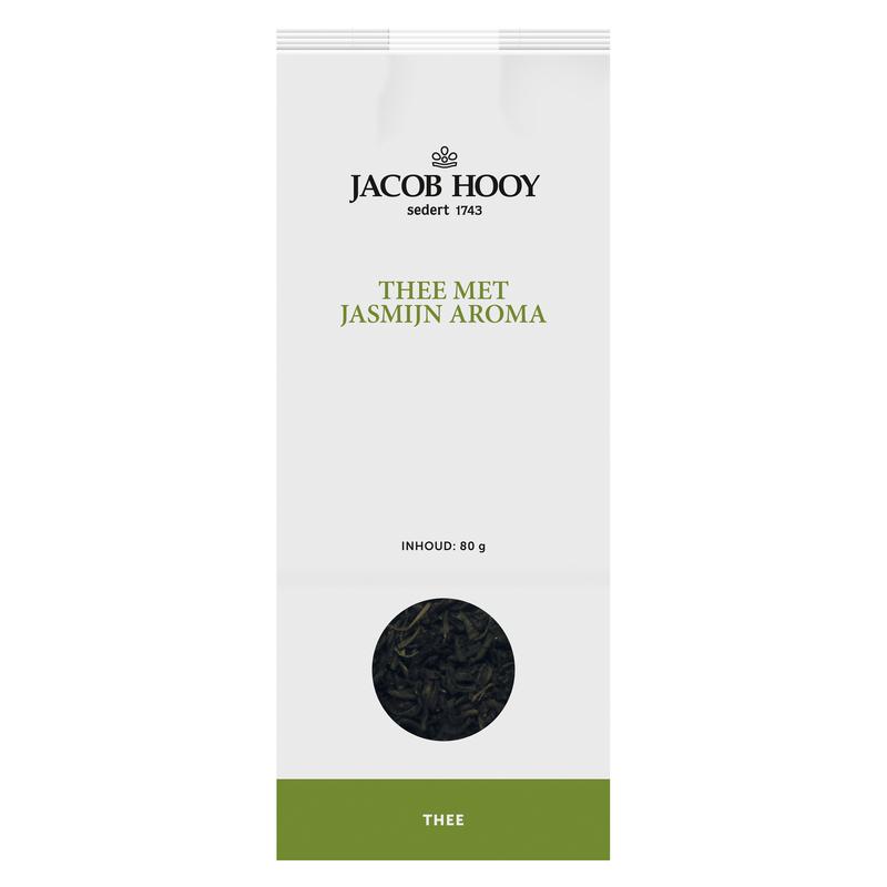 Jacob Hooy jasmine tea in an 80g package, featuring fresh jasmine blossoms and tea leaves in a clear box.