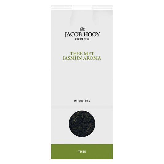 Jacob Hooy jasmine tea in an 80g package, featuring fresh jasmine blossoms and tea leaves in a clear box.