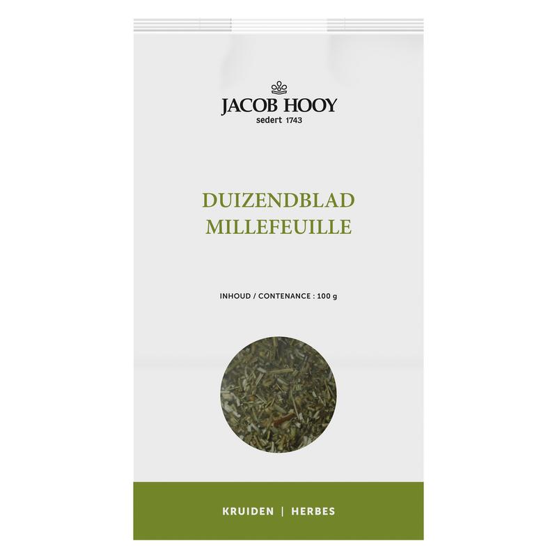 Jacob Hooy duizendblad kruiden in 100g package, fresh and dried herbal mix for culinary and medicinal use.