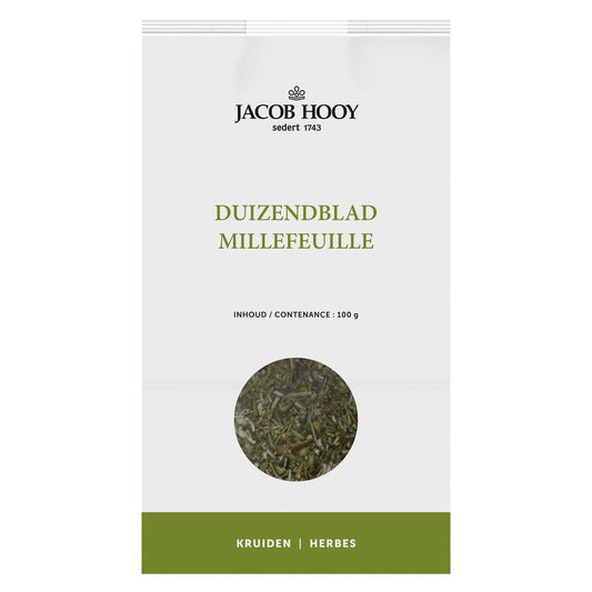 Jacob Hooy duizendblad kruiden in 100g package, fresh and dried herbal mix for culinary and medicinal use.