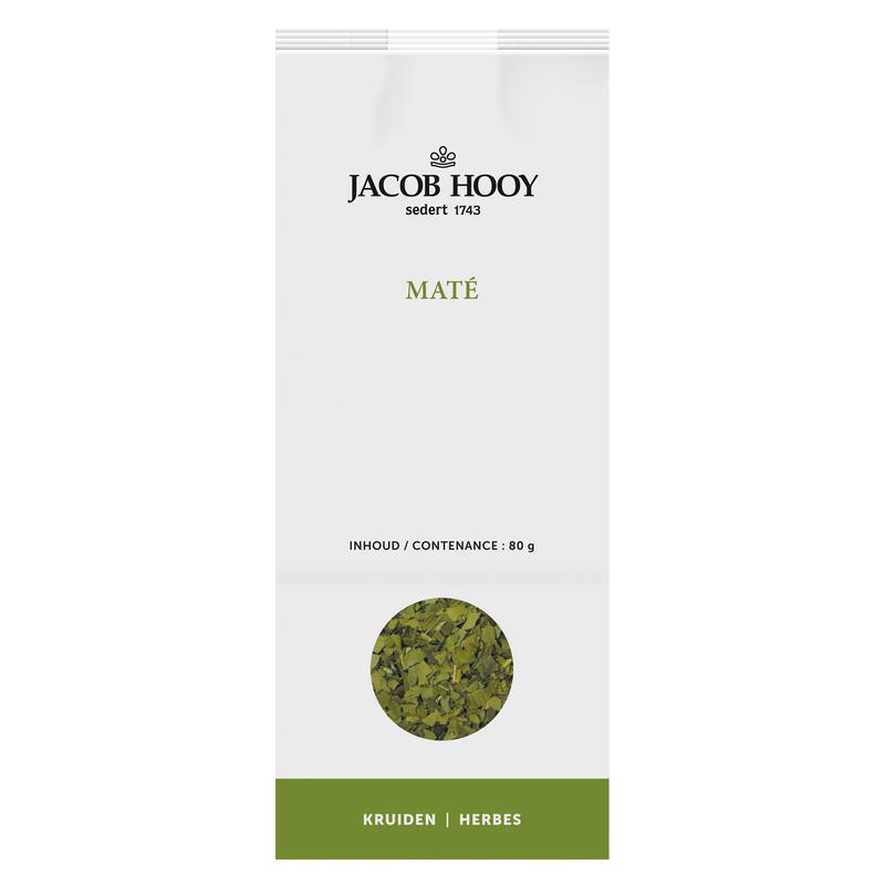 Jacob Hooy Mate tea in an 80g package, featuring a box of traditional herbal mate tea for brewing and drinking.