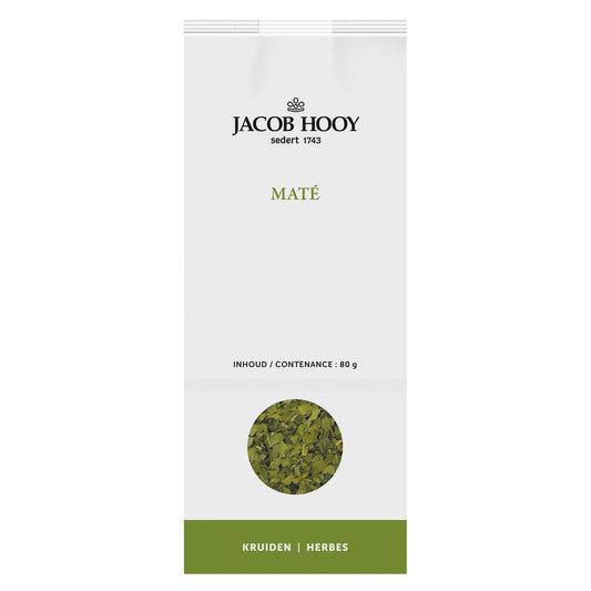 Jacob Hooy Mate tea in an 80g package, featuring a box of traditional herbal mate tea for brewing and drinking.